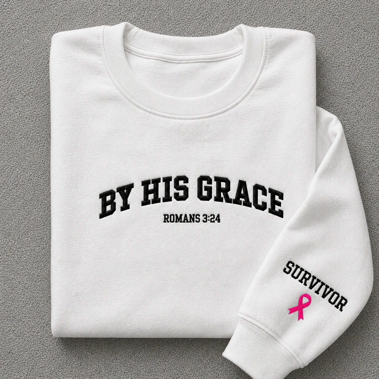 By His Grace Embroidered Unisex Crewneck Sweatshirt, Pink Ribbon Awareness Gift