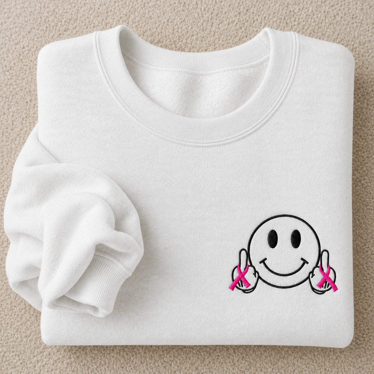 Hey Pink Ribbon Smiley Embroidered Unisex Crewneck Sweatshirt, Awareness Gift