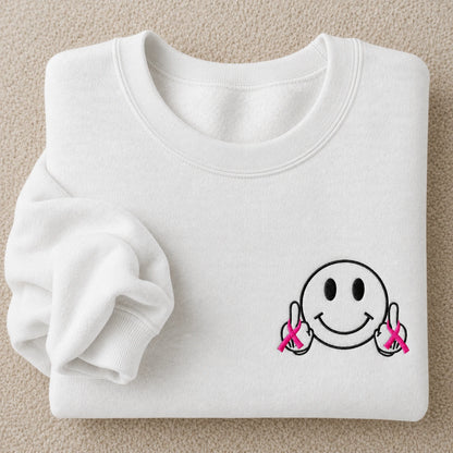 Hey Pink Ribbon Smiley Embroidered Unisex Crewneck Sweatshirt, Awareness Gift