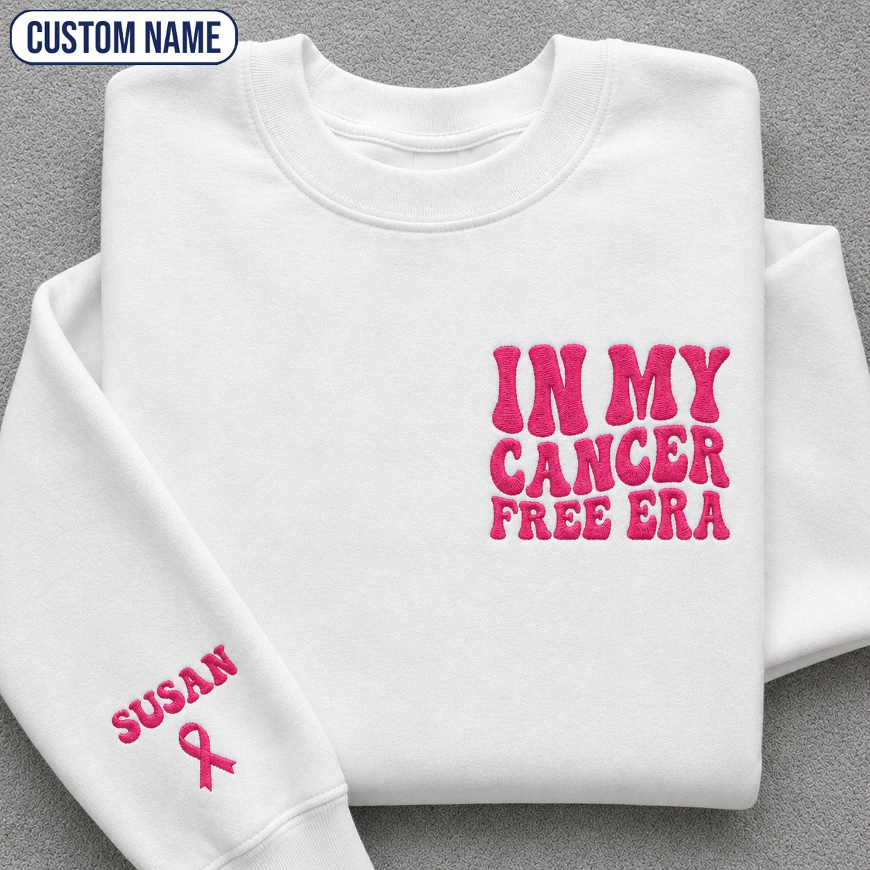 Personalized In My Free Era Pink Ribbon Embroidered Unisex Crewneck Sweatshirt, Awareness Gift