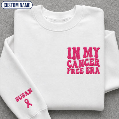 Personalized In My Free Era Pink Ribbon Embroidered Unisex Crewneck Sweatshirt, Awareness Gift