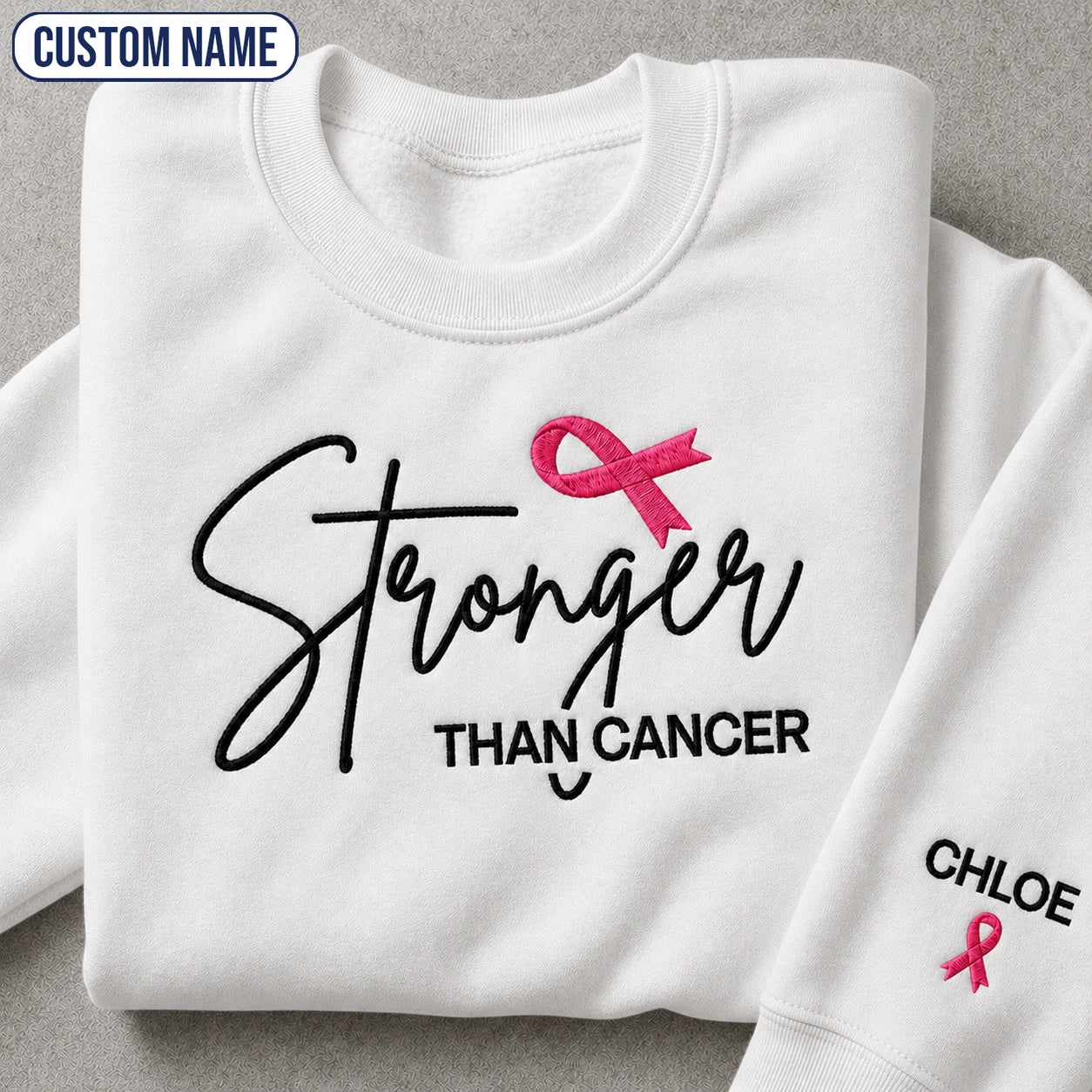 Personalized Stronger Pink Ribbon Embroidered Unisex Crewneck Sweatshirt, Awareness Gift