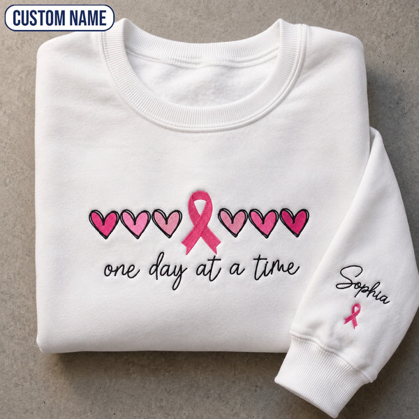 Personalized One Day At A Time Embroidered Unisex Crewneck Sweatshirt, Pink Ribbon Awareness Gift