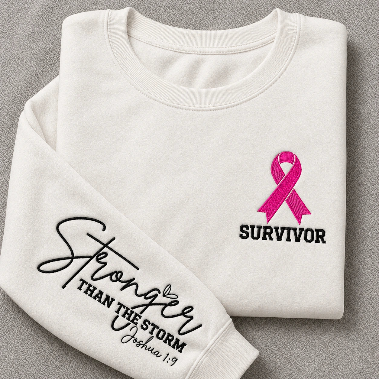 Stronger Than The Storm Embroidered Unisex Crewneck Sweatshirt, Pink Ribbon Awareness Gift