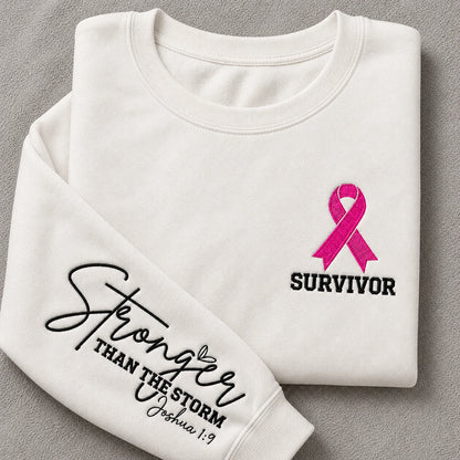 Stronger Than The Storm Embroidered Unisex Crewneck Sweatshirt, Pink Ribbon Awareness Gift