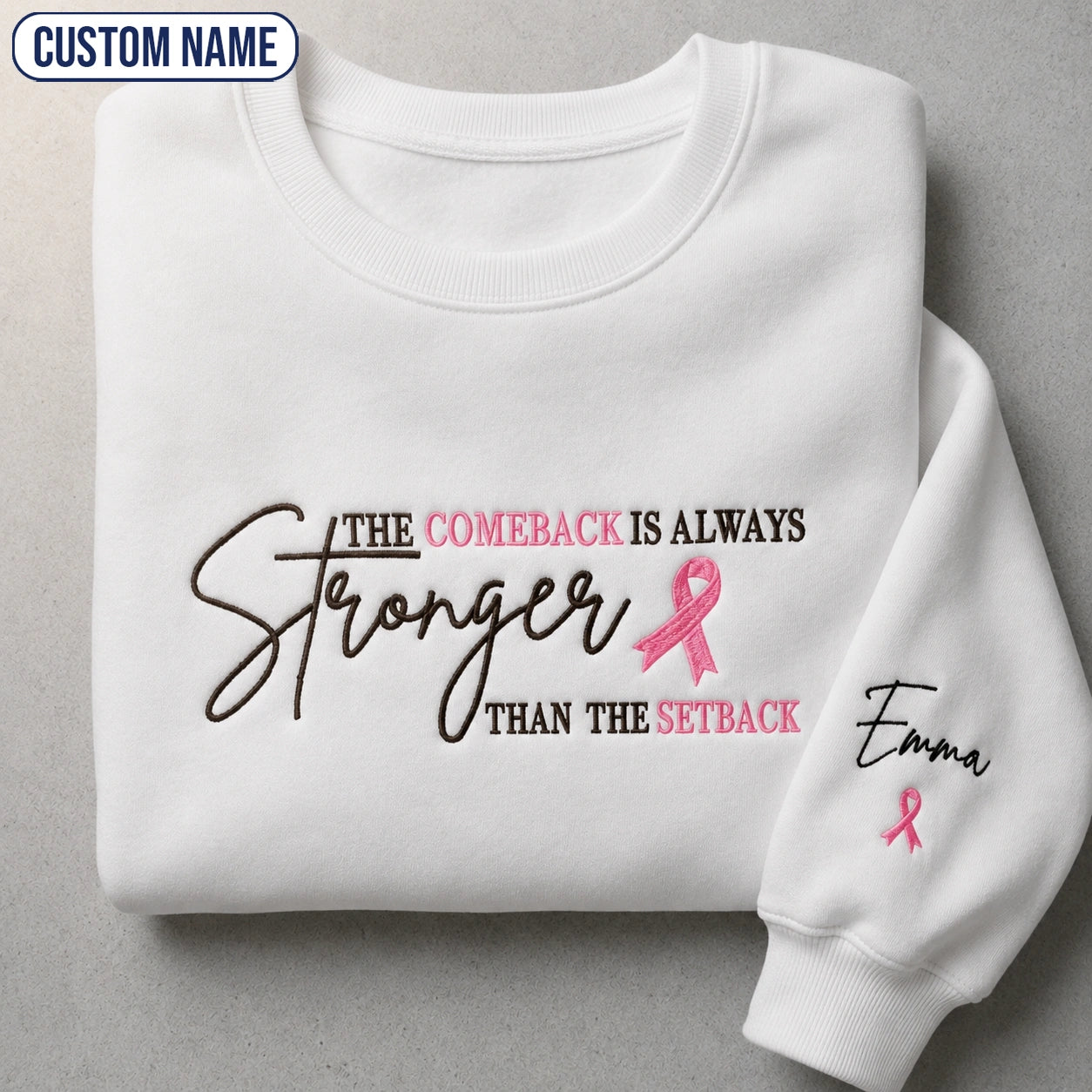 Personalized The Comeback Is Always Stronger Than The Setback Embroidered Unisex Crewneck Sweatshirt, Pink Ribbon Awareness Gift