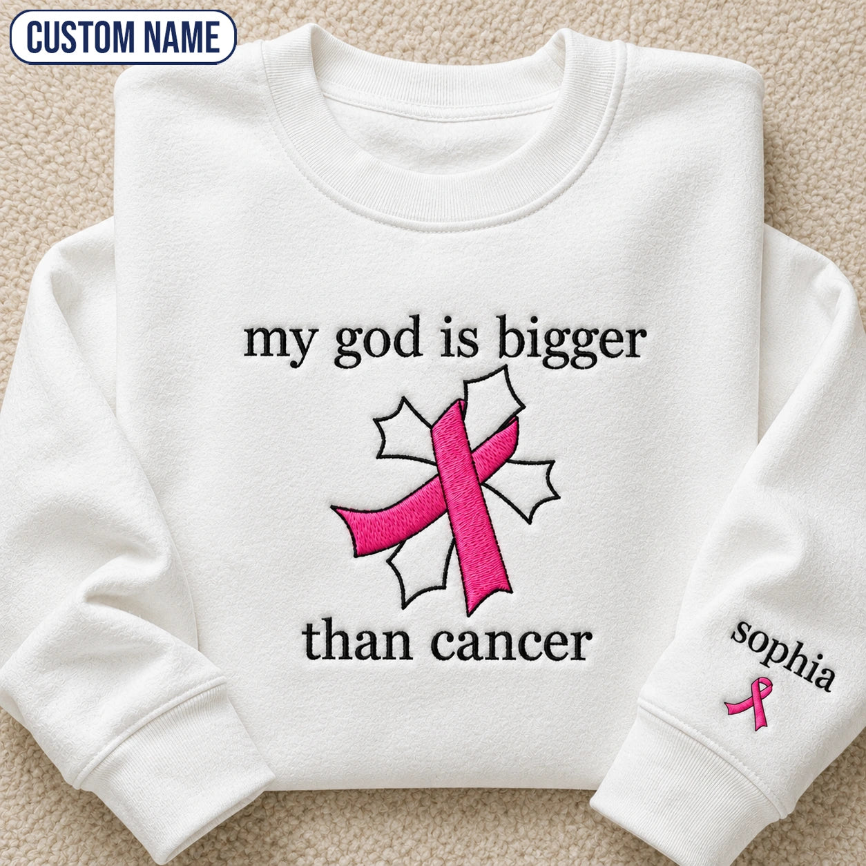 Personalized My God Is Bigger Embroidered Unisex Crewneck Sweatshirt, Pink Ribbon Awareness Gift