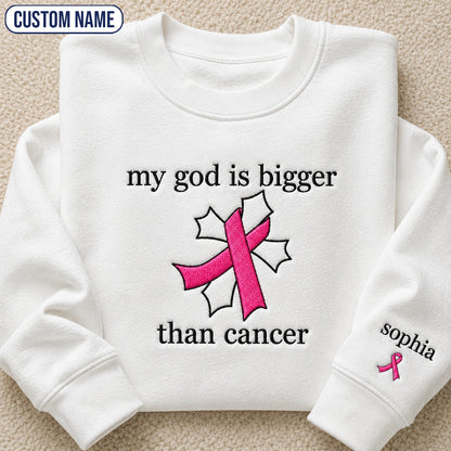 Personalized My God Is Bigger Embroidered Unisex Crewneck Sweatshirt, Pink Ribbon Awareness Gift