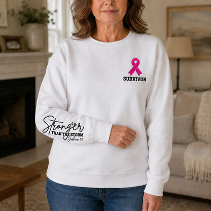 Stronger Than The Storm Embroidered Unisex Crewneck Sweatshirt, Pink Ribbon Awareness Gift
