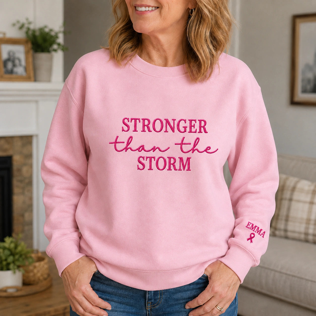 Personalized Stronger Than The Storm Embroidered Unisex Crewneck Sweatshirt, Pink Ribbon Awareness Gift