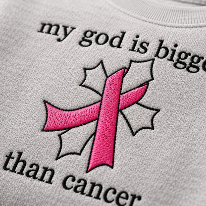 Personalized My God Is Bigger Embroidered Unisex Crewneck Sweatshirt, Pink Ribbon Awareness Gift