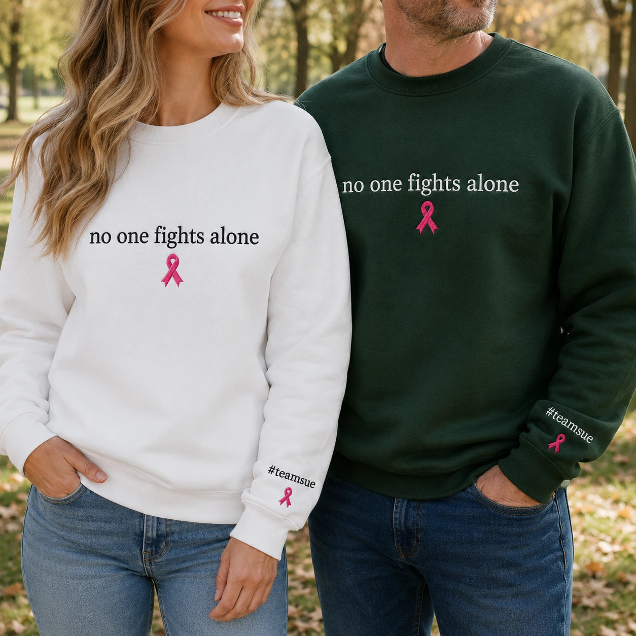 Personalized No One Fights Alone Embroidered Unisex Crewneck Sweatshirt, Pink Ribbon Awareness Gift