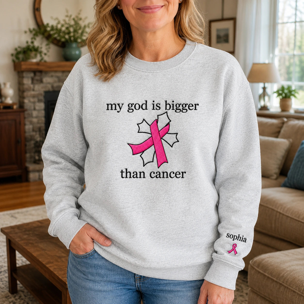 Personalized My God Is Bigger Embroidered Unisex Crewneck Sweatshirt, Pink Ribbon Awareness Gift