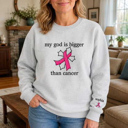 Personalized My God Is Bigger Embroidered Unisex Crewneck Sweatshirt, Pink Ribbon Awareness Gift