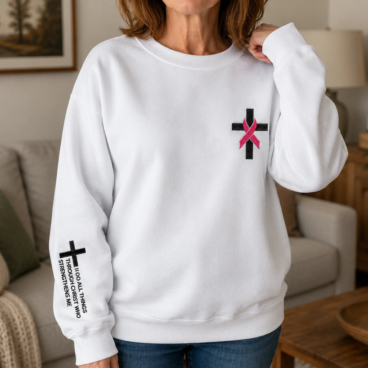 I Can Do All Things Through Christ Who Strengthens Me Embroidered Unisex Crewneck Sweatshirt, Pink Ribbon Awareness Gift