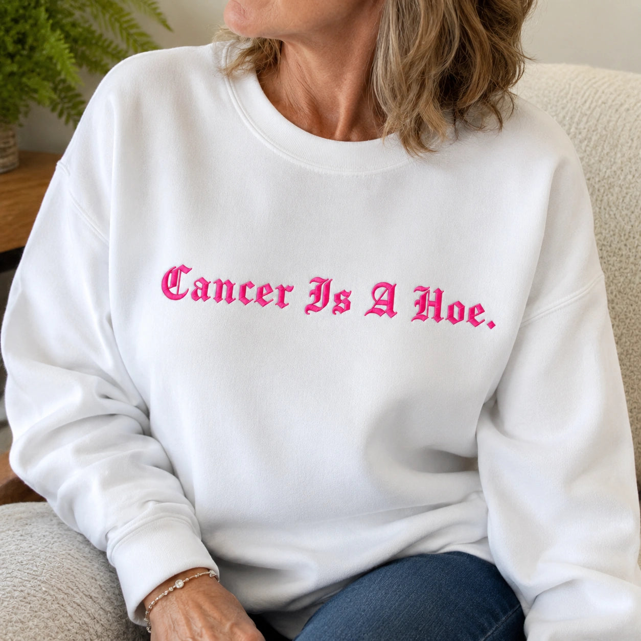 Personalized Sassy Pink Ribbon Quote Embroidered Unisex Crewneck Sweatshirt, Awareness Gift