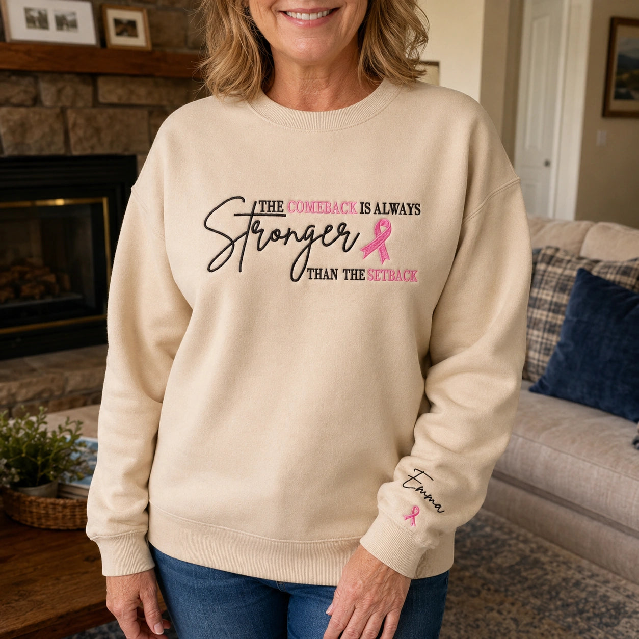 Personalized The Comeback Is Always Stronger Than The Setback Embroidered Unisex Crewneck Sweatshirt, Pink Ribbon Awareness Gift