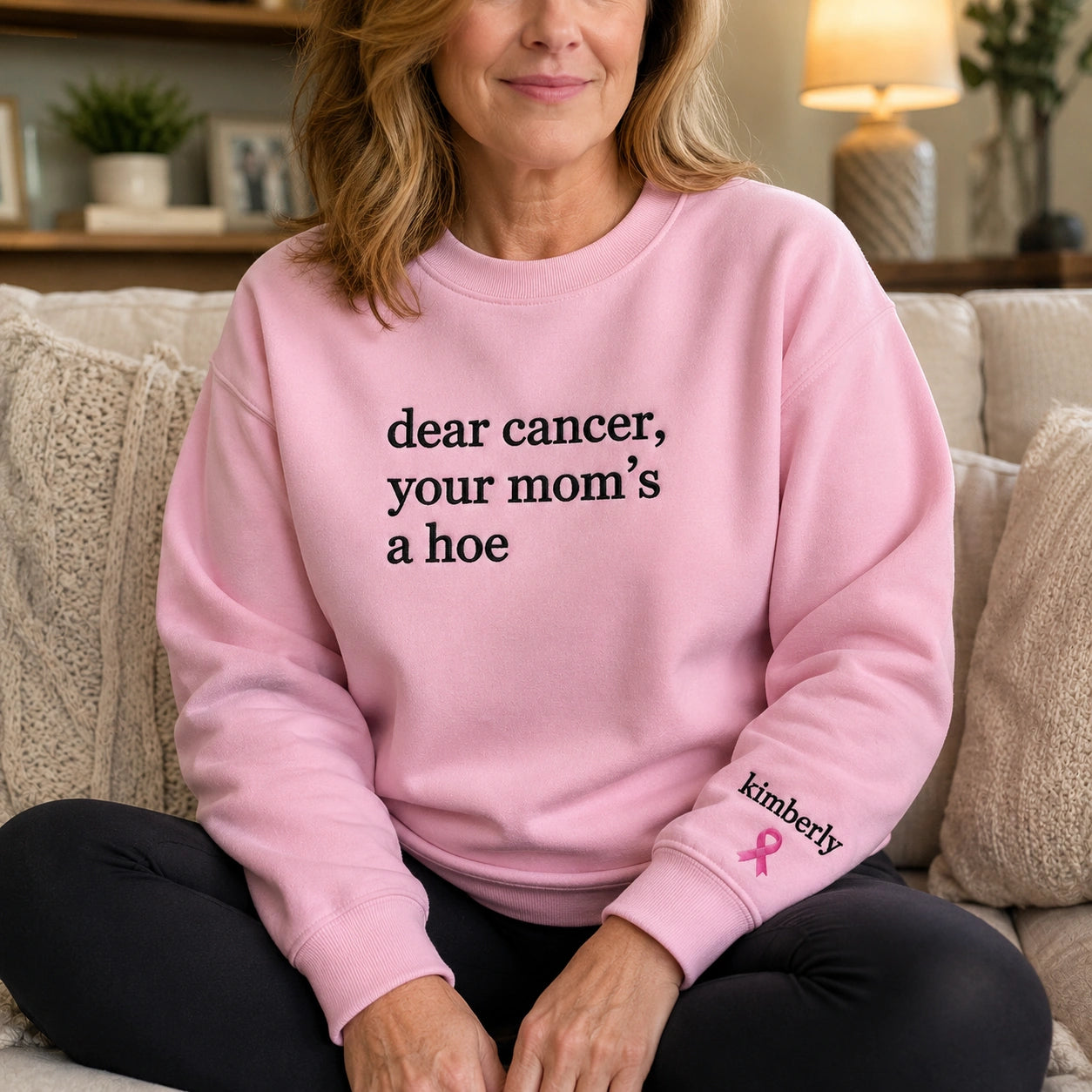Personalized Sassy Your Mom’s Quote Embroidered Unisex Crewneck Sweatshirt, Pink Ribbon Awareness Gift