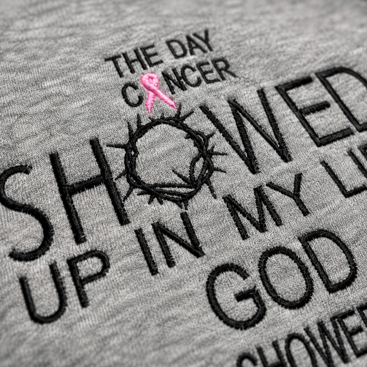 Personalized God Showed Up Bigger Pink Ribbon Embroidered Unisex Crewneck Sweatshirt, Awareness Gift