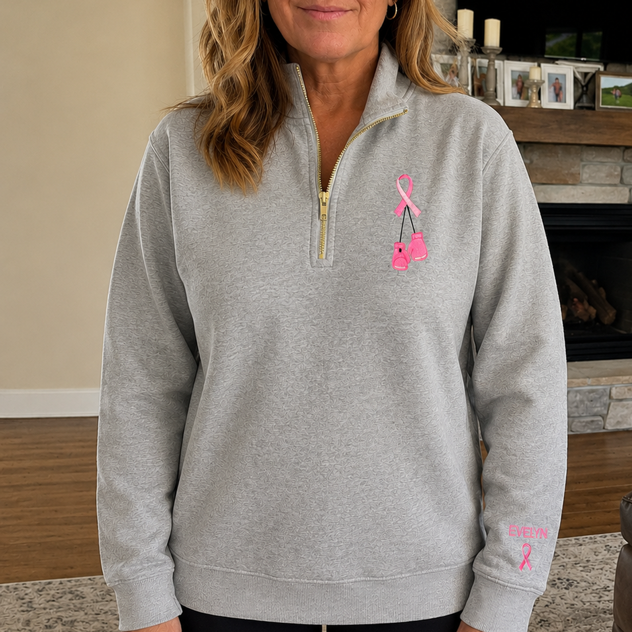 Personalized Pink Ribbon Boxing Gloves Embroidered Unisex Quarter Zip Sweatshirt, Awareness Gift