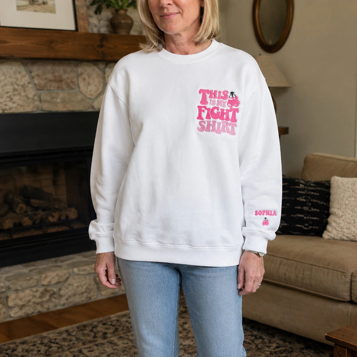 Personalized This Is My Fight Shirt Pink Ribbon Embroidered Unisex Crewneck Sweatshirt, Awareness Gift