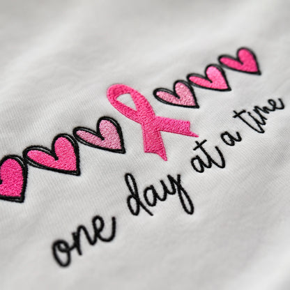 Personalized One Day At A Time Embroidered Unisex Crewneck Sweatshirt, Pink Ribbon Awareness Gift