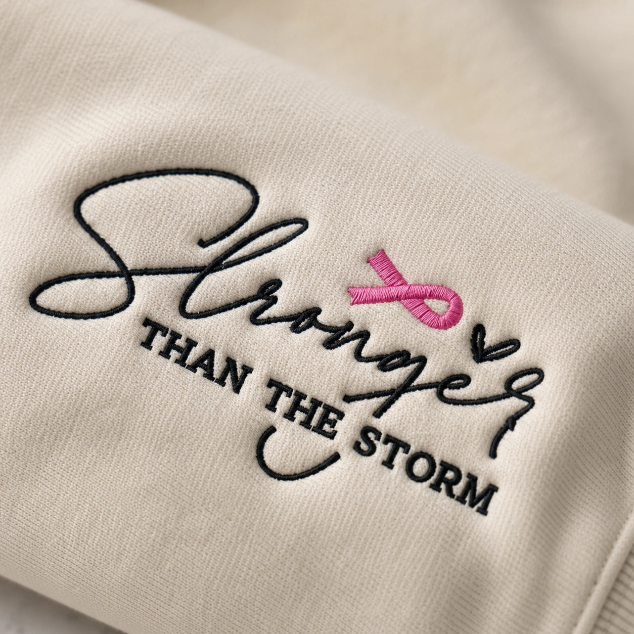 Personalized Stronger Than The Storm Embroidered Unisex Crewneck Sweatshirt, Pink Ribbon Awareness Gift