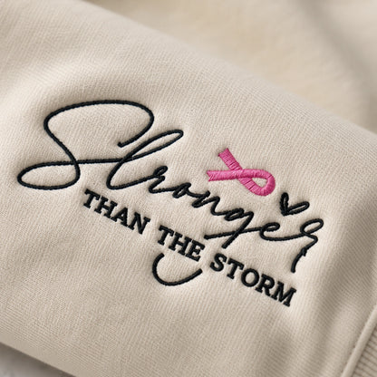 Personalized Stronger Than The Storm Embroidered Unisex Crewneck Sweatshirt, Pink Ribbon Awareness Gift