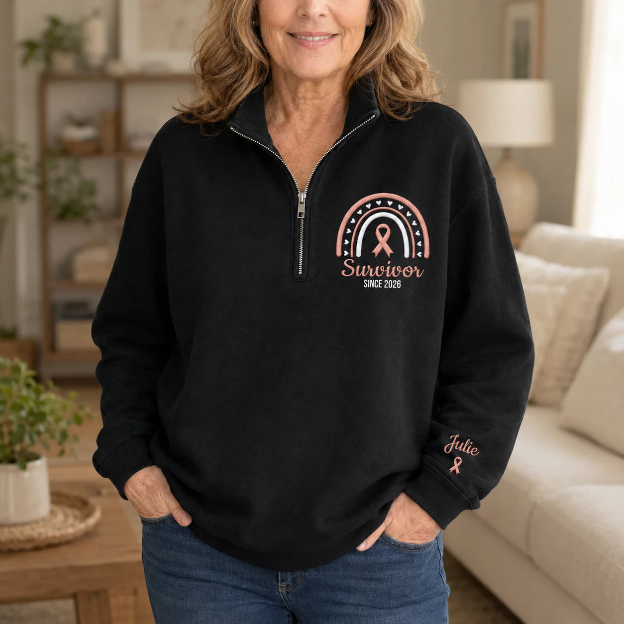 Personalized Peach Ribbon Inspired Name & Year Embroidered Unisex Quarter Zip Sweatshirt, Awareness Gift