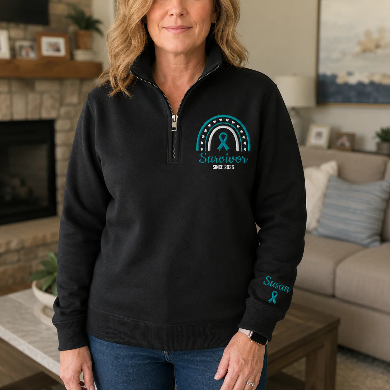 Personalized Teal Ribbon-Inspired Name & Year Embroidered Unisex Quarter Zip Sweatshirt, Awareness Gift