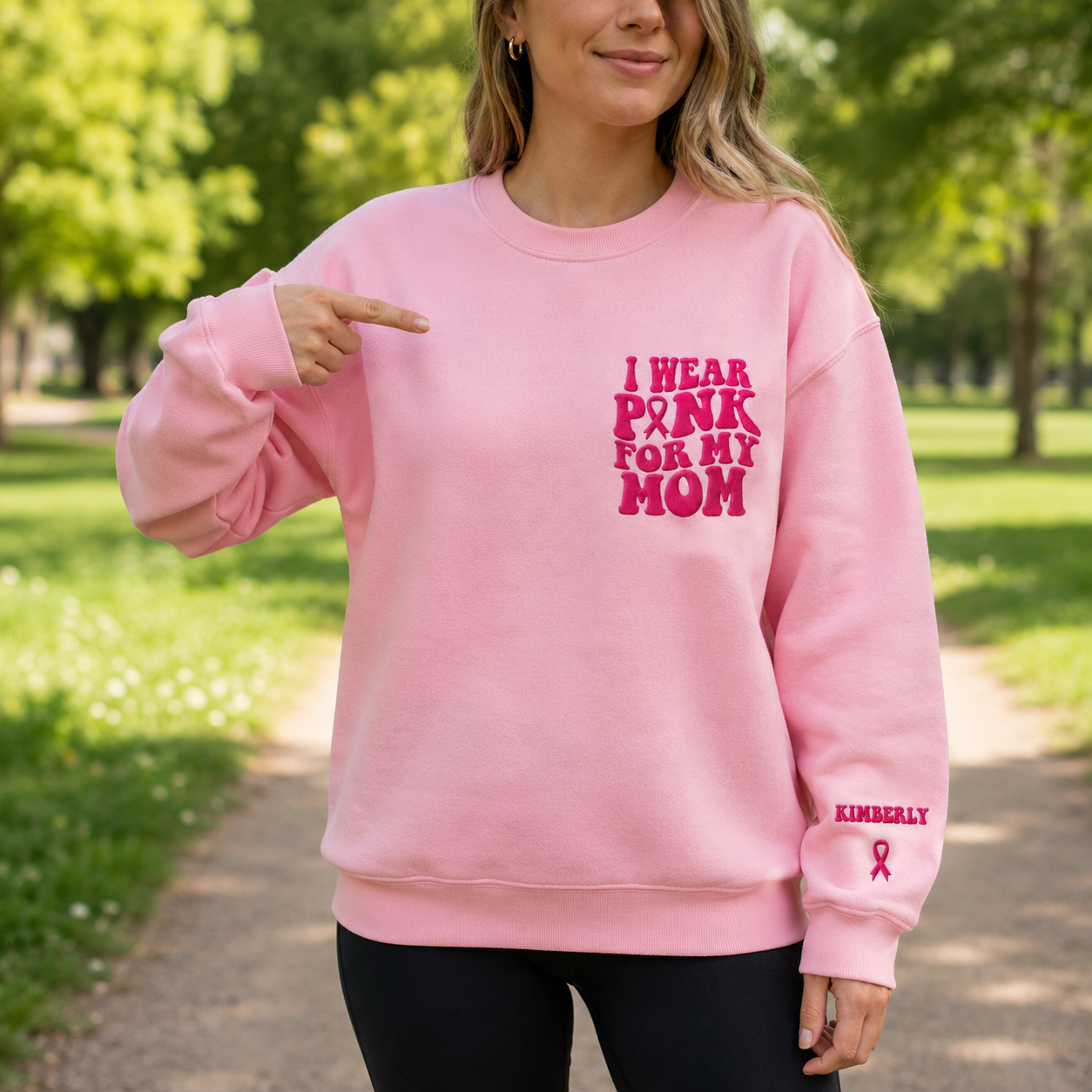 Personalized I Wear Pink for My Mom Embroidered Unisex Crewneck Sweatshirt, Pink Ribbon Awareness Gift