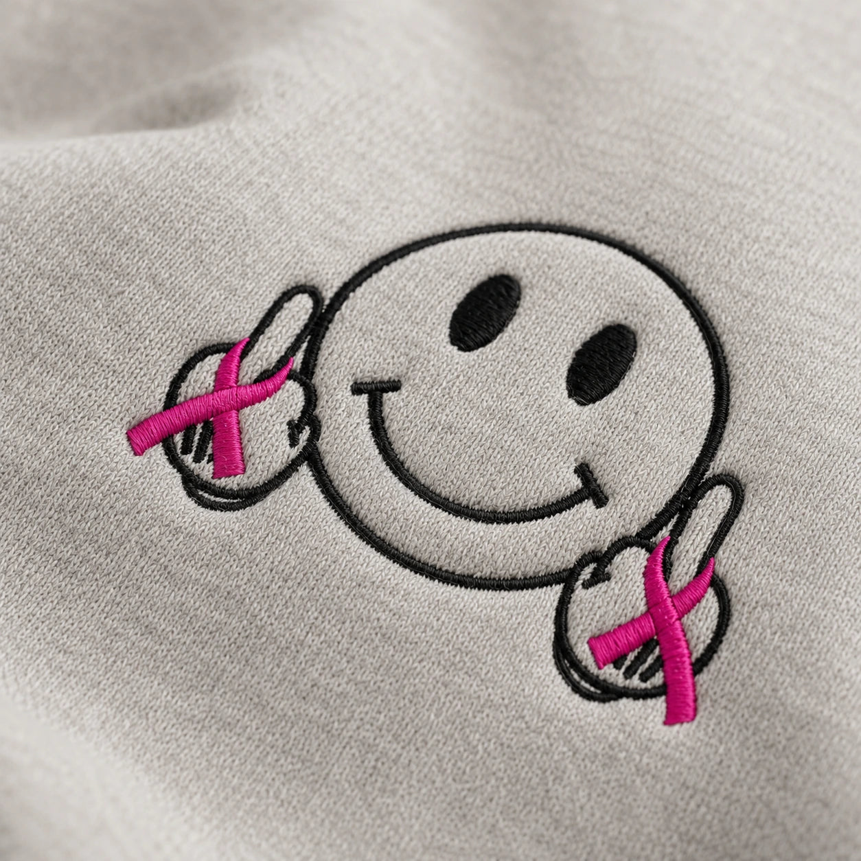 Hey Pink Ribbon Smiley Embroidered Unisex Crewneck Sweatshirt, Awareness Gift