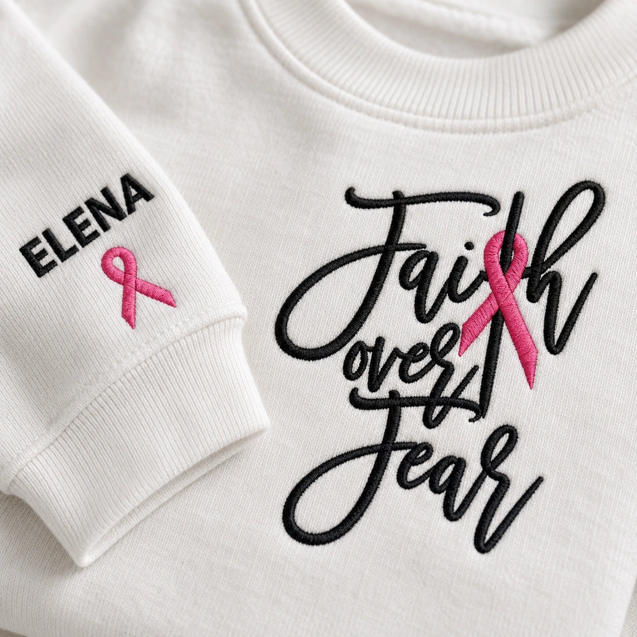 Personalized Faith Over Fear Embroidered Unisex Crewneck Sweatshirt, Pink Ribbon Awareness Gift