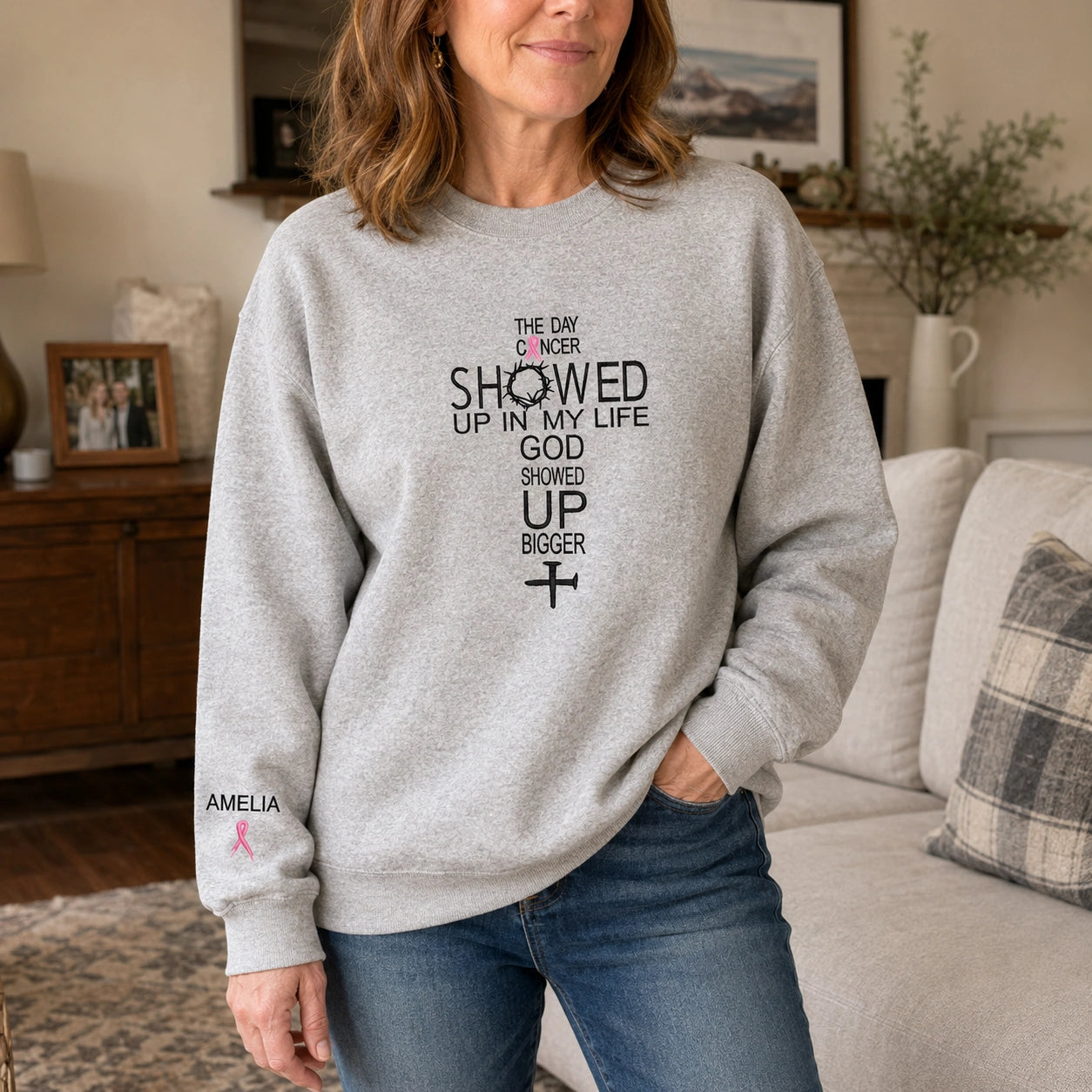 Personalized God Showed Up Bigger Pink Ribbon Embroidered Unisex Crewneck Sweatshirt, Awareness Gift